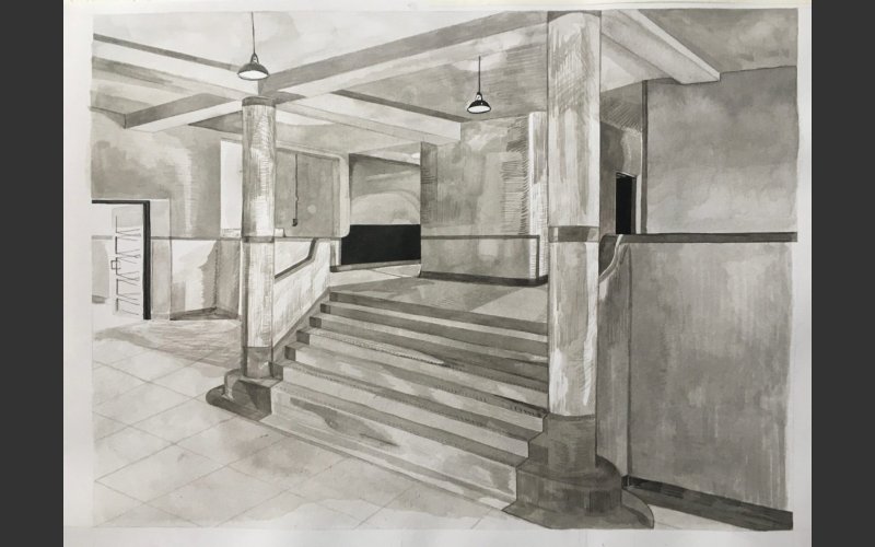 A drawing of a stairway in an official building