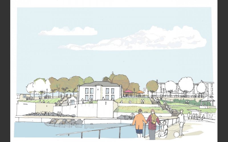 A redeveloped Dún Laoghaiore Baths site viewed from the proposed new jetty in Scotsman’s Bay, where there will be facilities for sea swimming and small marine craft