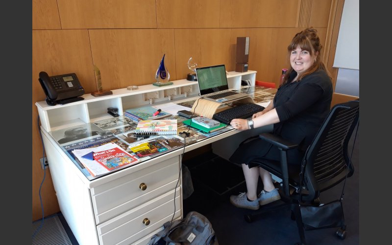 Sadhbh Devlin at Jennifer Johnstons desk