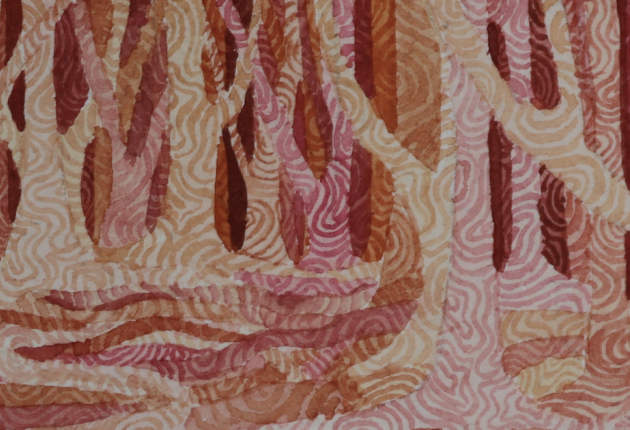 Watercolour painting by artist Annie Laing. Painting of trees in warm red and orange colours