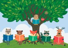 Illustration of woodland animals reading books in a tree