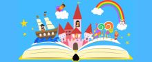 Illustration of an open book with fairytale characters and rainbows