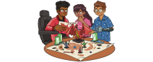 Illustration of three people playing dungeons and dragons game