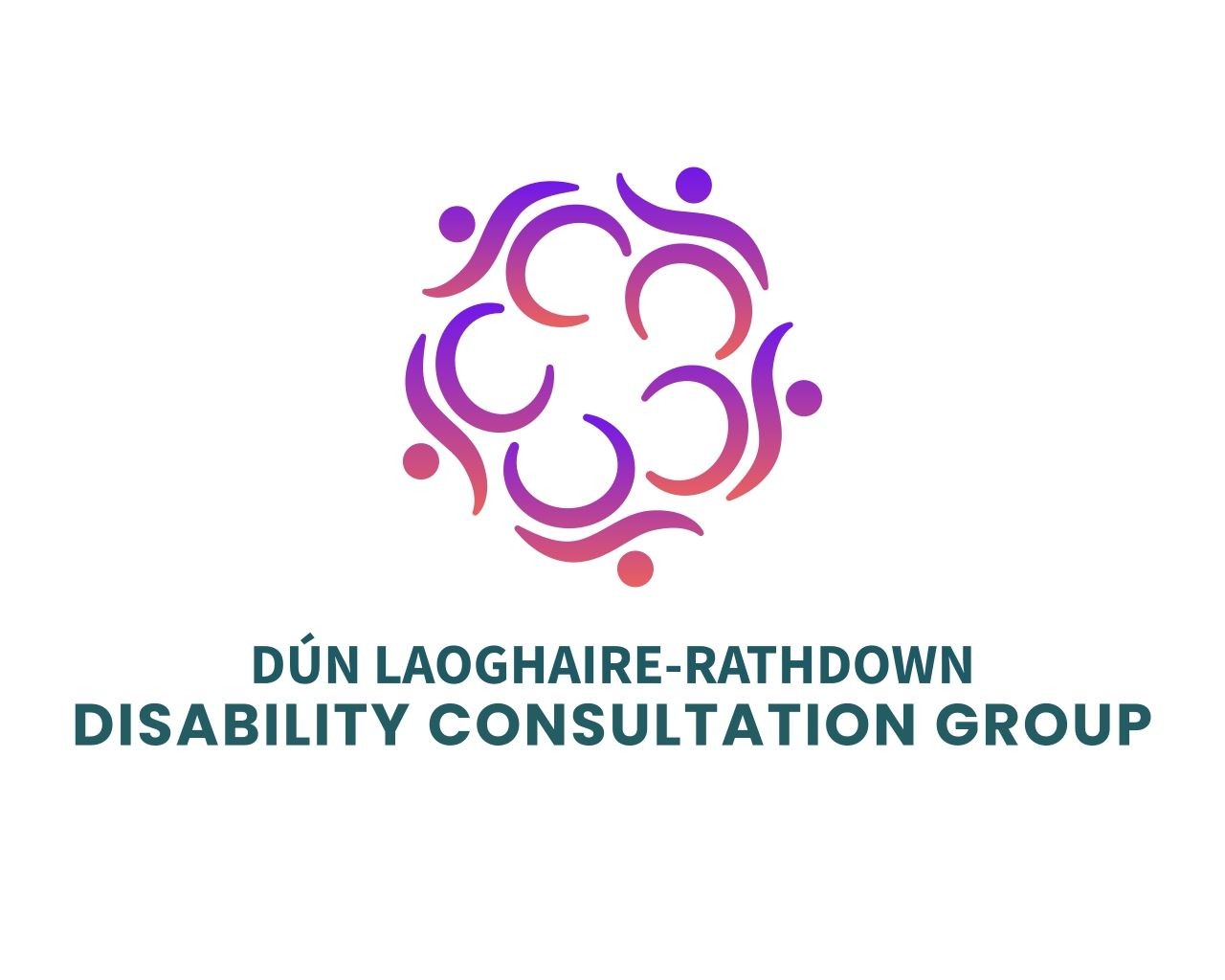 Logo for the DCG in shades of purples, pinks and reds. Circular design which suggests people reaching towards eachother. Below the logo it says Dún Laoghaire-Rathdown Disability Consultation Group in teal.