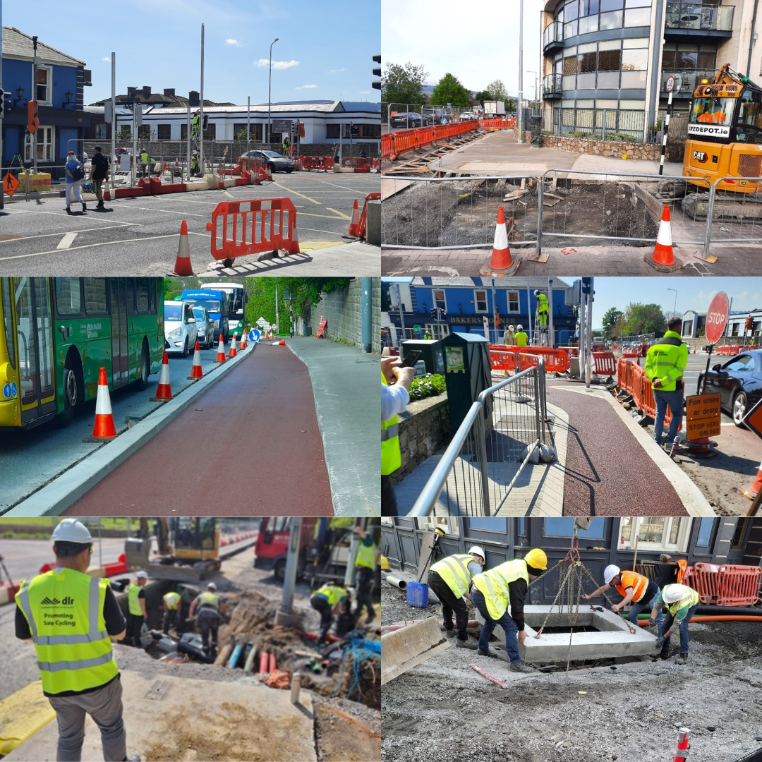 1. A collage depicting construction workers actively engaged in various roadwork tasks.