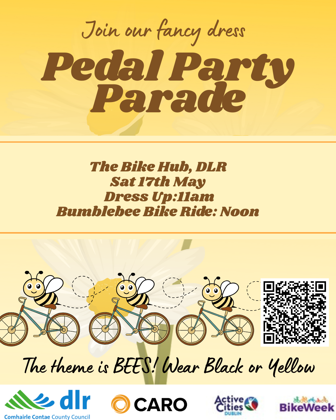 poster for pedal party parade on Saturday 17th May from 11 am -1pm