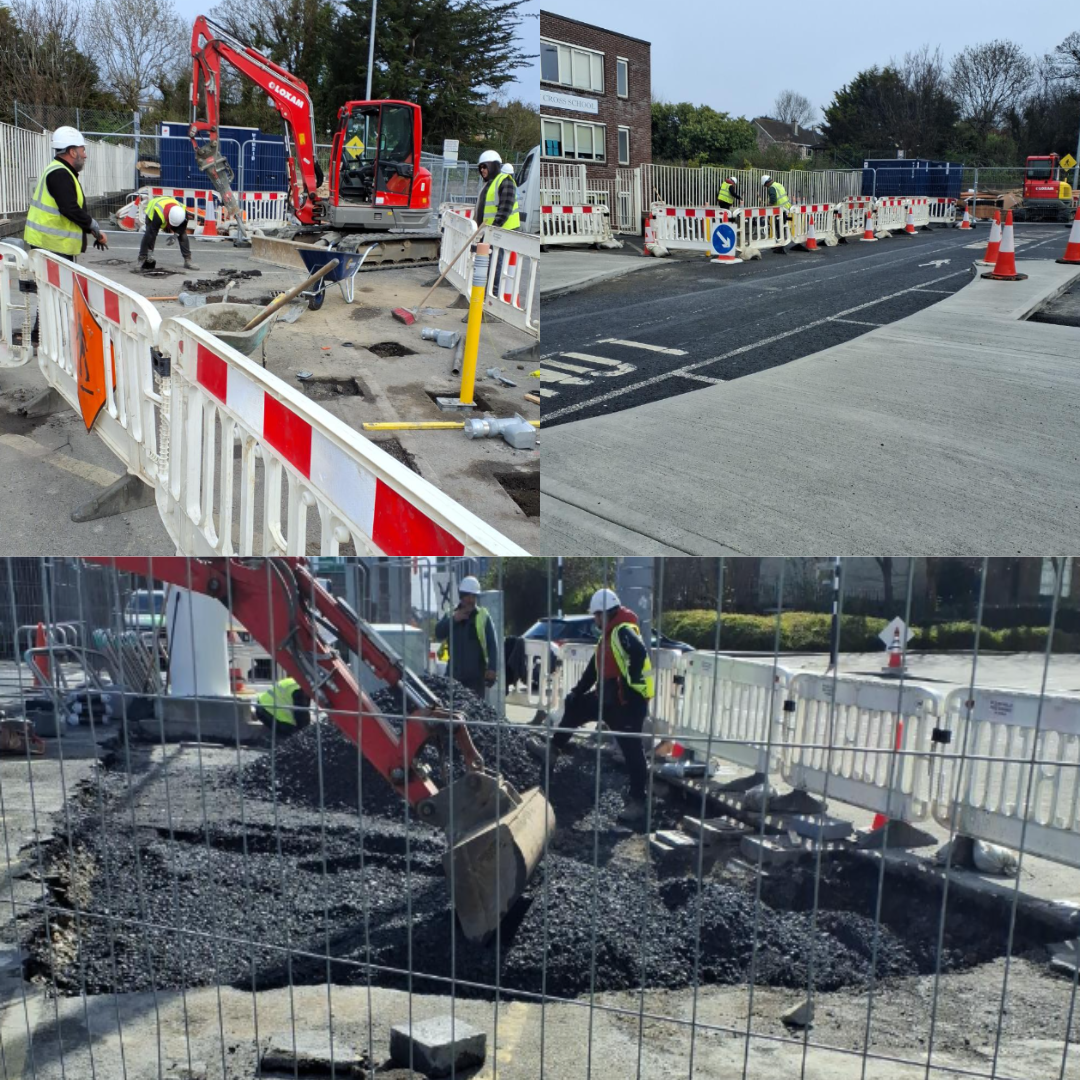 a photo collage of works being carried out at Holy Cross School Dundrum