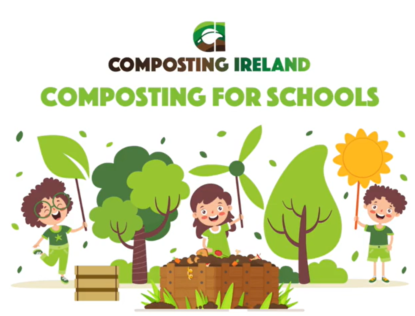 compost and recycling for schools logo above cartoon kids playing and composting