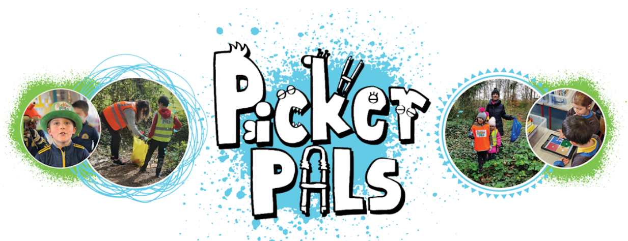 Picker pals logo surronded by images of happy kids completing litter picks and posing