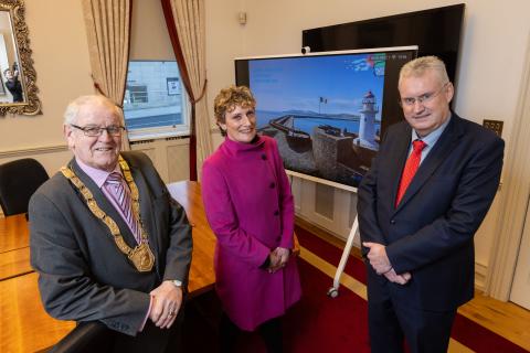 DL Harbour Masterplan Launch with Frank Curran, CE, Cllr Jim Gildea, Cathaoirleach and Gillian Binchy Failte Ireland