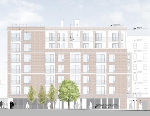 A illusration of an apartment block with five floors