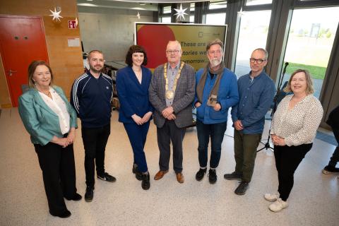 Cllr Lettie McCarthy, artists Patrick Mulvihill and Heather Griffin, Cathaoirleach Cllr Jim Gildea, artists Karl Burke and David Beattie, Cllr Carrie Smyth at the launch of two new public artworks for Ballyogan Library.