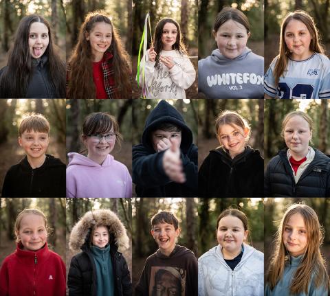 Fifteen portraits of young children in a woodland area arranged in a grid