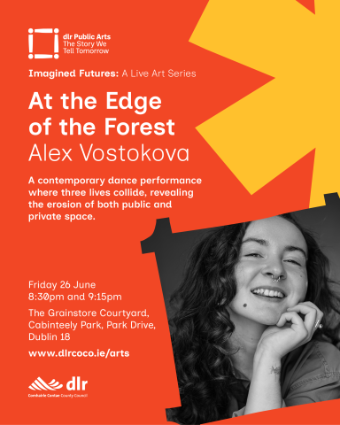 Image with text describing the event with photo of the artist, Alex, a white woman with long dark curly hair. Her chin is wresting on her hand and she is smiling