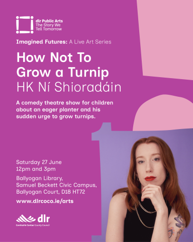 flyer with event details. It includes a photo of the artists who is a white female presenting person, they have long red hair. Their chin is resting on their hand.