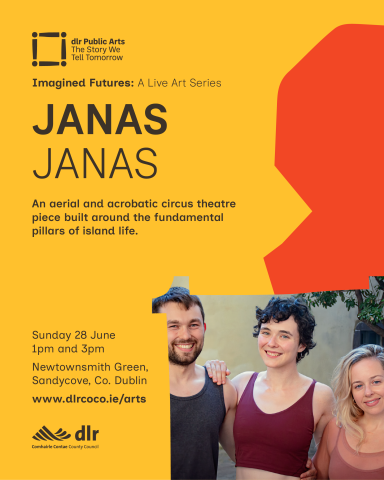 flyer with the event information. It includes a photo of the 3 artists. One man with dark short hair and a beard and two women. One with short dark hair and the other with blonder shoulder length hair. all 3 are smiling and wearing athletic outfits.
