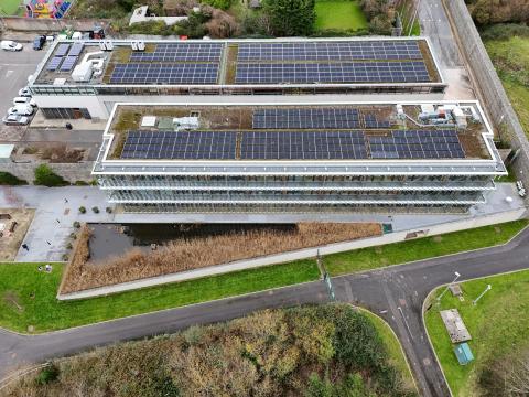 Aerial photograph of solar panels at Ballyogan Depot