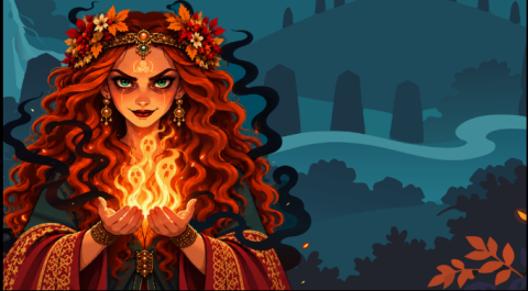 illustration of lady with red curly hair at Halloween