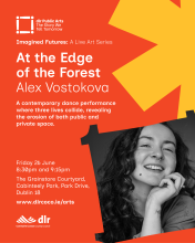 Image with text describing the event with photo of the artist, Alex, a white woman with long dark curly hair. Her chin is wresting on her hand and she is smiling