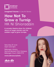 flyer with event details. It includes a photo of the artists who is a white female presenting person, they have long red hair. Their chin is resting on their hand.