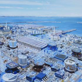 birds eye view of Dún Laoghaire harbour with large industrial structures superimposed on the landscape