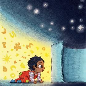 Coloured illustration of a child under 2 years if age, wearing red patched overalls, is crawling towards a cardboard box, open on its side. Above the box the sky is dark with bright stars. Coming out of the box is bright yellow light and orange and yellow shapes.