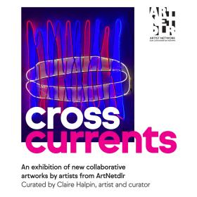 poster for the crosscurrents exhibition. Abstract neon blue and yellow stripes