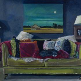 Detailed painting of a sitting room in a house with a green sofa as the focal point. It is covered with cushions and throws. There are two lamps on either side of the sofa, on side tables; both have white lampshades. the wall is deep blue and there is a painting of a landscape on it