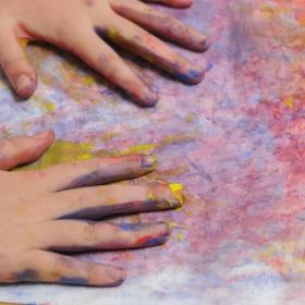 two childrens hands are covered in paint and are resting on a piece of paper that has been painted in blue, purple and pink