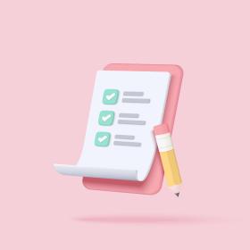 an illustration of a clipboard and pencil, floating on a pink background.