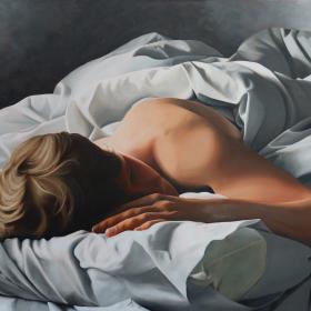Painting of a man asleep in a bed. The bed has white sheets, pillows and a tussled white duvet. His head, bare arm and shoulder are visible protruding from the duvet