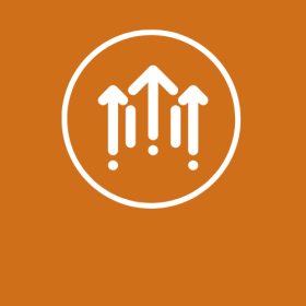 a white logo is on a dark orange brown background. The logo is three arrows inside a circle that are pointing up 