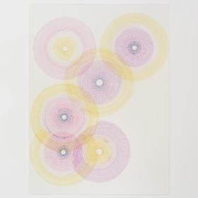 an abstract painting that shows a series of 6 overlapping circular patterns in colours of pink, purple and yellow