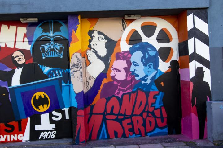 Citizen Kane and Lumiere Brothers, part of Street Art with cinema theme