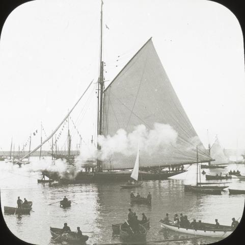 Black and white photograph of a large sailing ship at the Kingstown Regatta