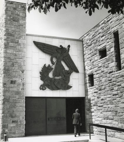 Black and white photo of rebuilt modernist St Michael's Church, Dún Laoghaire