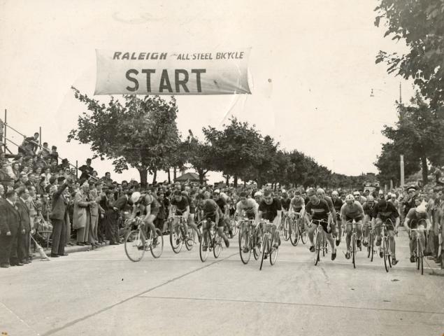 Historic photograph from the start line of a 1950s Dún Laoghaire Cycling Grand Prix