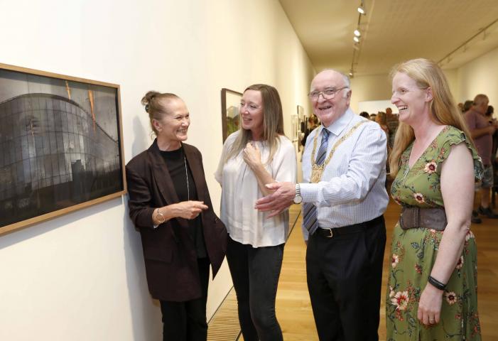 Artist Diane Whyte, Curator Ann Mulrooney, an Cathaoirleach Denis O'Callaghan and Assistant Arts Office Carolyn Brown standing in front of artwork