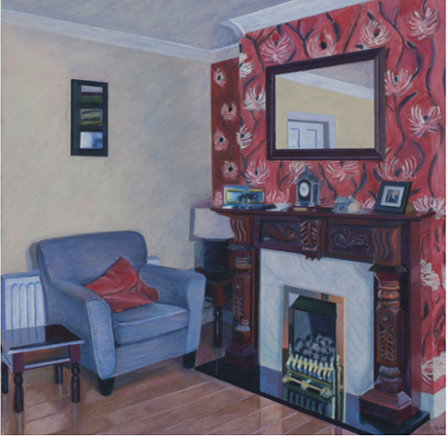 painting of a sitting room. a blue armchair is next to a wooden fireplace on a red wall.