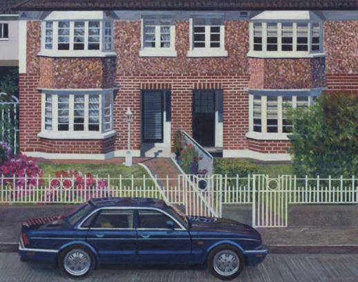 painting of a black vintage car outside a red brick semi-detached house