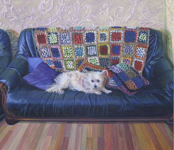 painting of a white fluffy dog on a leather coach
