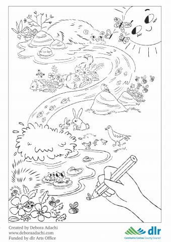 Colouring Sheet  a line drawing for kids and adults to colour in. A sun smiles down on a bear rabbit and birds next to a stream. A hand is drawn holding a pencil as if it is drawing a bumble bee