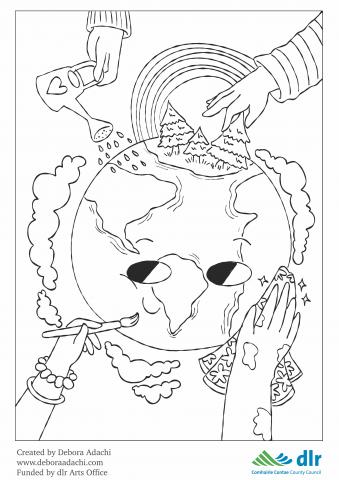 Colouring Sheet a line drawing for kids and adults to colour in. planet earth with hands painting, cleaning and watering the earth