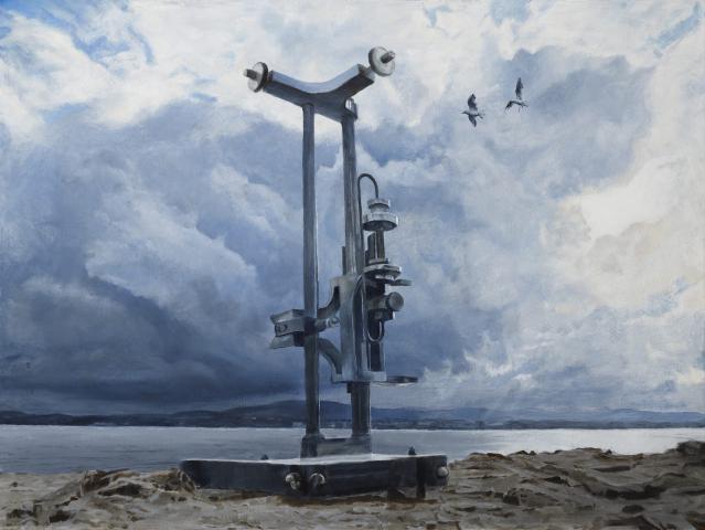 Dave Madigan, On The Beach large sculptural construction sited on a rock in front of sea and sky