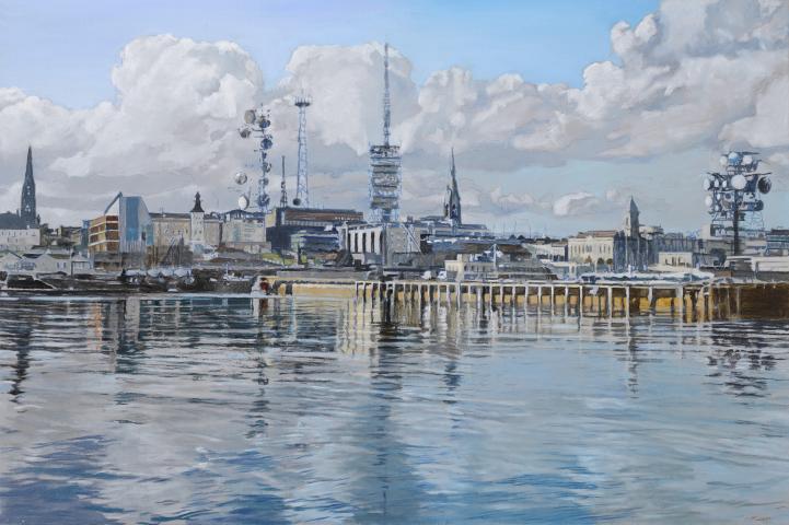 Dave Madigan, On The Waterfront view from the East Pier back towards Dún Laoghaire, showing one of the sculptural pieces inserted into the landscape