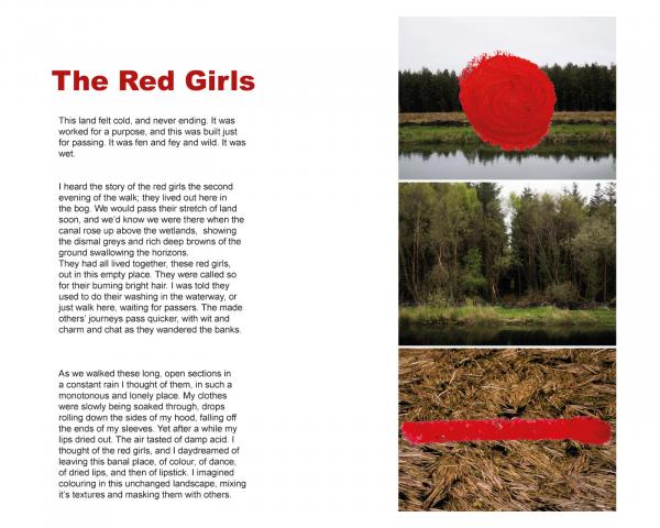 One the right is the text from &quot;Red Girls&quot; on the right is 3 photos of the bog, forest and mud. Over the photos are red pastel marks.