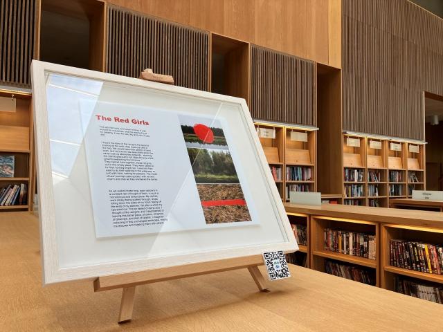 A framed picture is on top of a library bookcase. It contains an image that is one half photos of the countryside with red marks over and the other half is the text of the Red Girls.