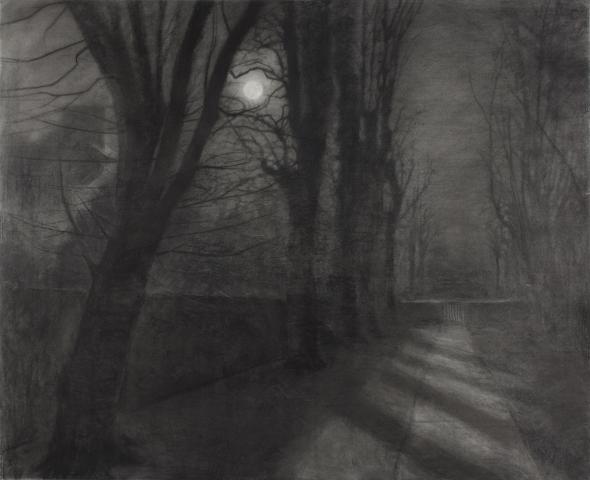 a charcoal drawing showing an avenue of trees with a line of very dark leafless trees on the left hand side. a full moon is visible through the trees in the distance between the branches. the trees on the right side of the path are drawn in lighter shades.The pathway is to the right side of the frame and runs from front to back
