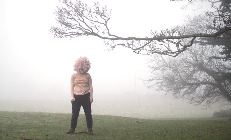 a woman stands in the foreground of a misty landscape. A curly pink wig completely covers her head and face. her arms are by her side and she wears a light pink t-shirt and dark trousers. She stands on green grass, to the right of the frame a long tree branch extends across above her head
