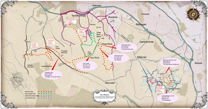 a map of the rural part of DLR, showing the locations for listening to the Sky Walker poems at six forest locations. The locations are marked by a red line, with a pink text box which gives the lat/long coordinates for the forest